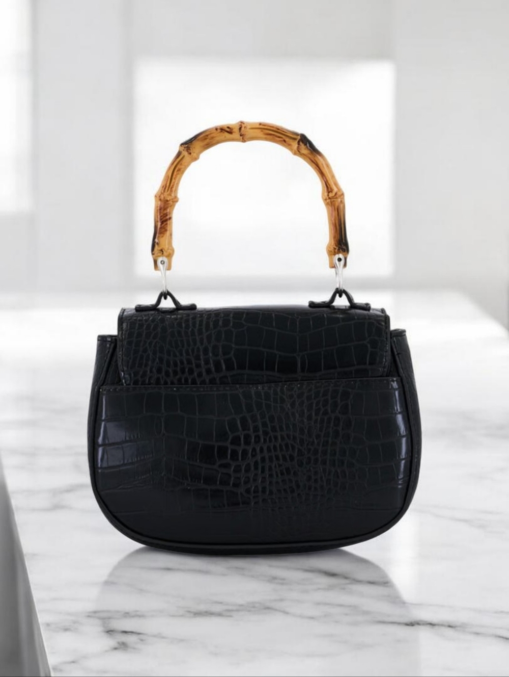 Christian Lacroix Black Croc-Embossed Mini Bag with Bamboo Top Handle - Picture 3 of 4